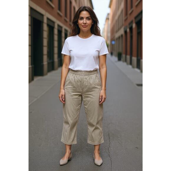 Eloquii Women's Plus Pull-on Elastic Waist Linen Blend Khaki Wide Leg Pants 16 - Picture 1 of 5